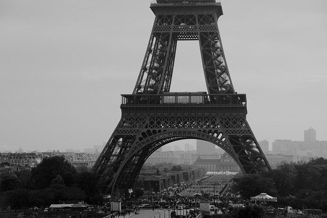eiffel tower, paris, france, black-and-white, tower, landmark, stole, building, tourist attraction