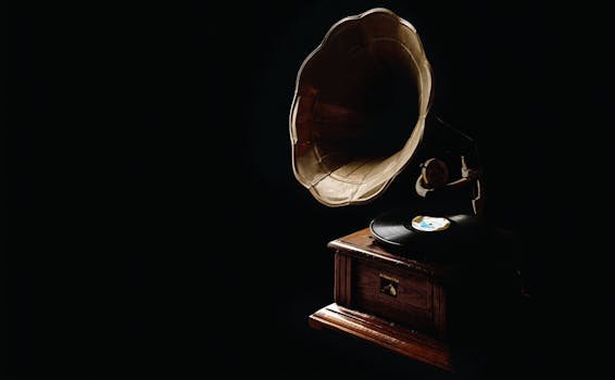 A classic gramophone with vinyl record, showcasing vintage charm in a dark ambiance.